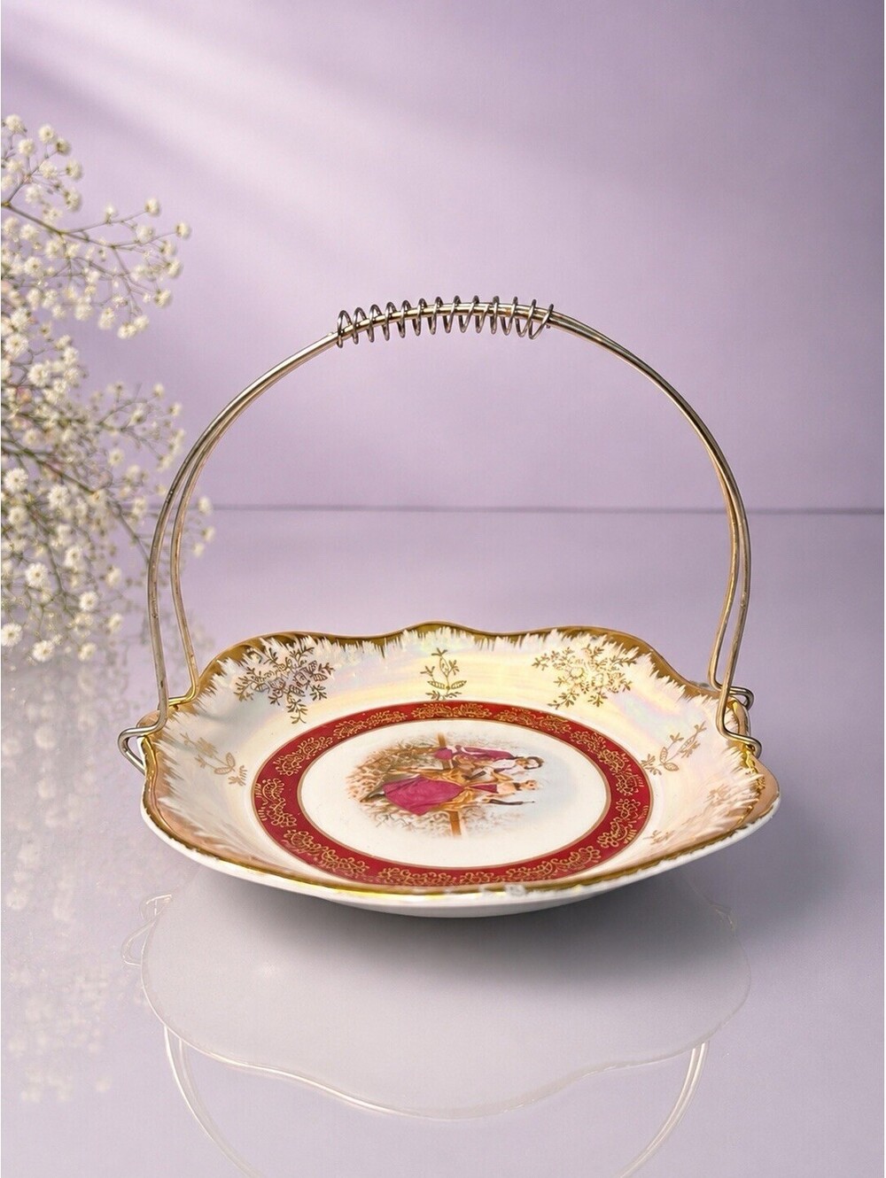 Cosmos 1960s Candy Dish Lusterware Courting Couple With Basket Handle, 7x6.5”